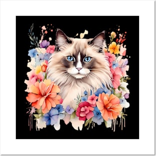 A ragdoll cat decorated with beautiful watercolor flowers Posters and Art